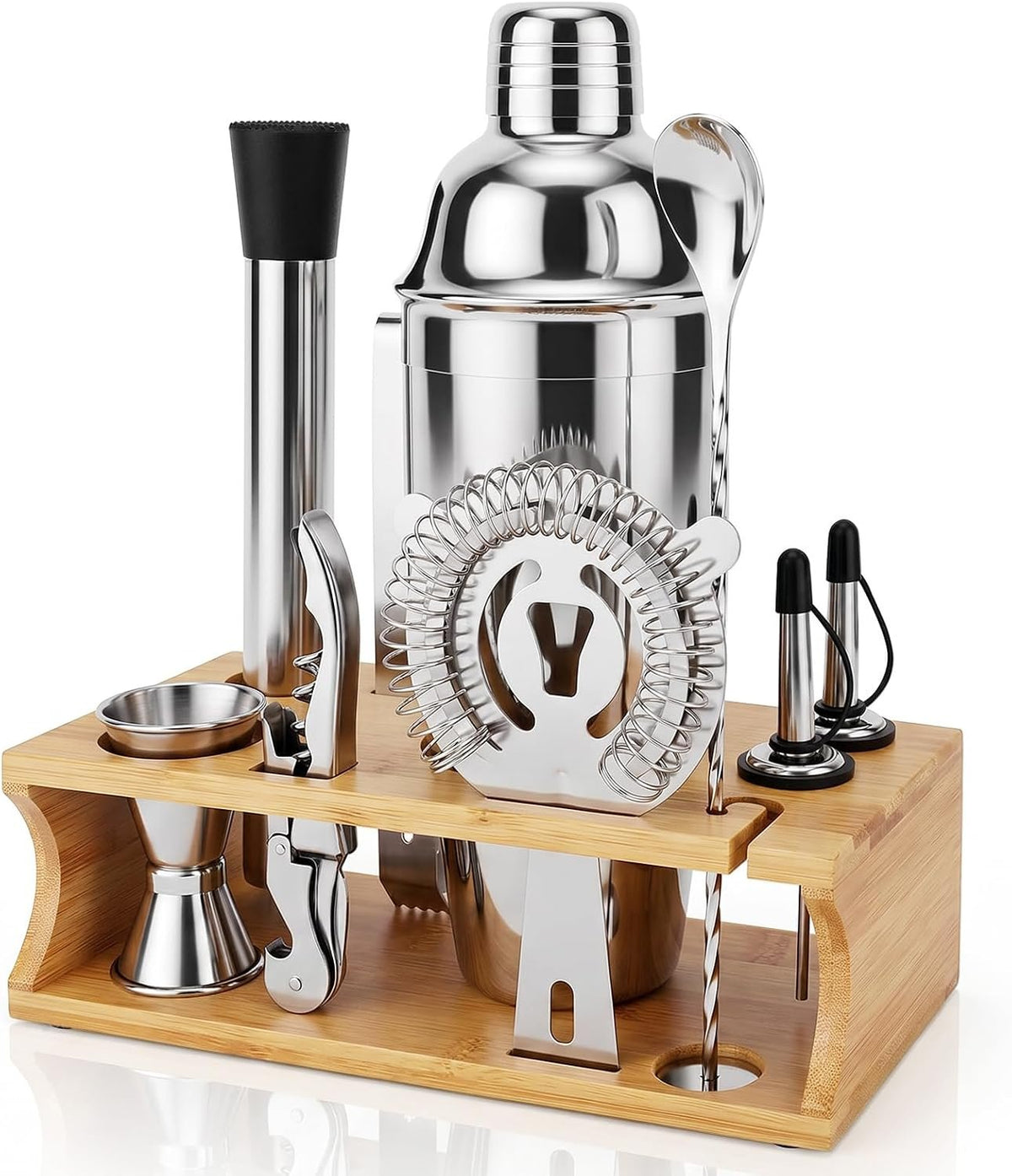 Cocktail Shaker Tool Kit with Bamboo Stand studio product photo