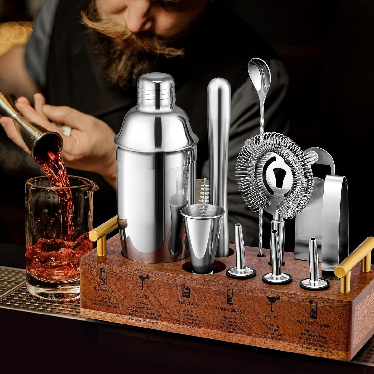 Cocktail Mixing Kit with Wooden Recipe Stand additional product photo