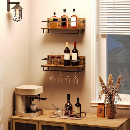 Wall-Mounted Bottle and Stemware Shelf Pair studio product photo