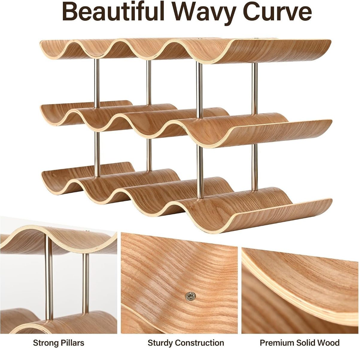 Wavy Solid-Wood Wine Bottle Rack additional product photo